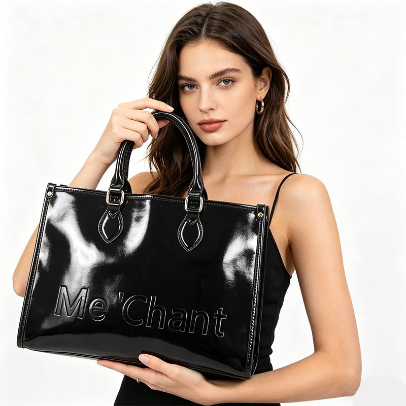 Structured Handbag Work - Kadın Siyah Parlak Patent PU Deri