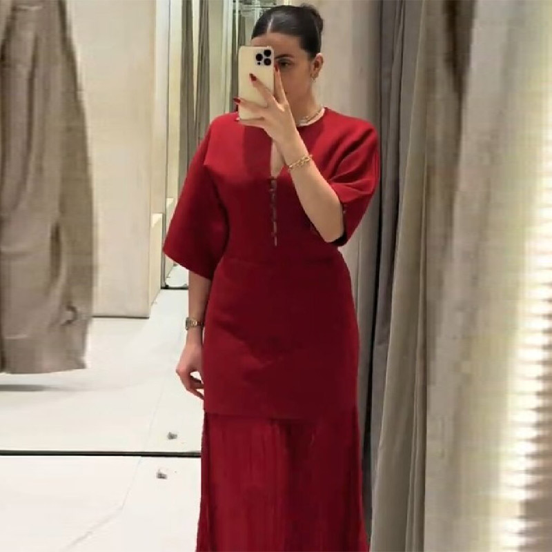 Formal Wear Gowns For Women - Kadın Zarif Bordo Pileli Maxi Elbise
