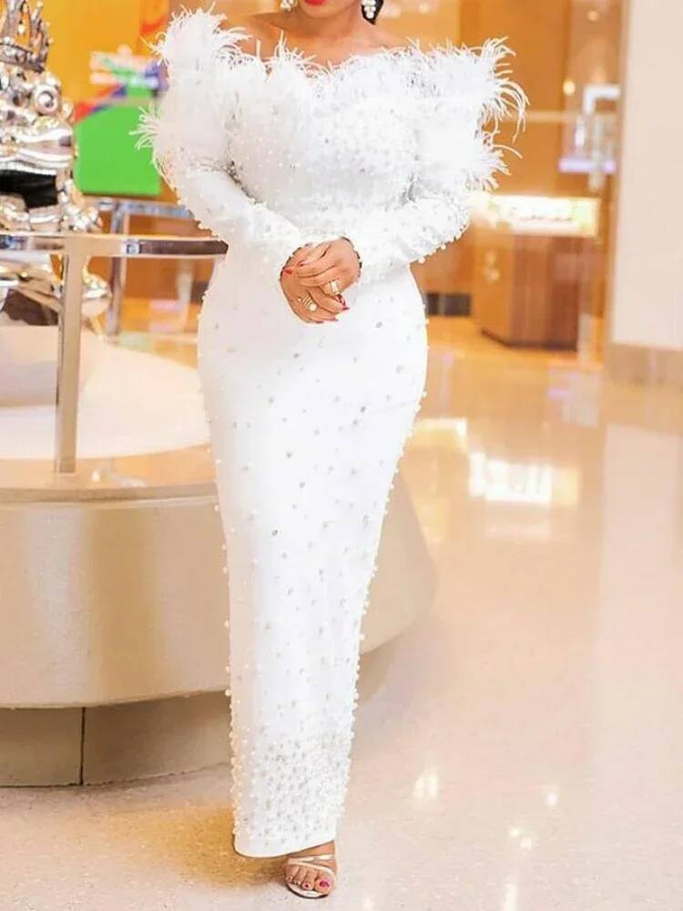 Formal Wear Gowns For Women - Tüy Beyaz Elbise Parti Kadınlar İnciler