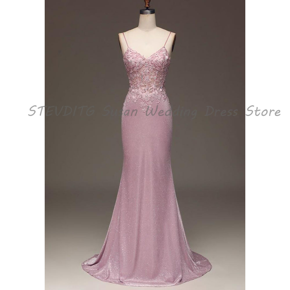 Formal Dress Female - Pembe Abiye Kadın Spagetti Kayışı Kolsuz