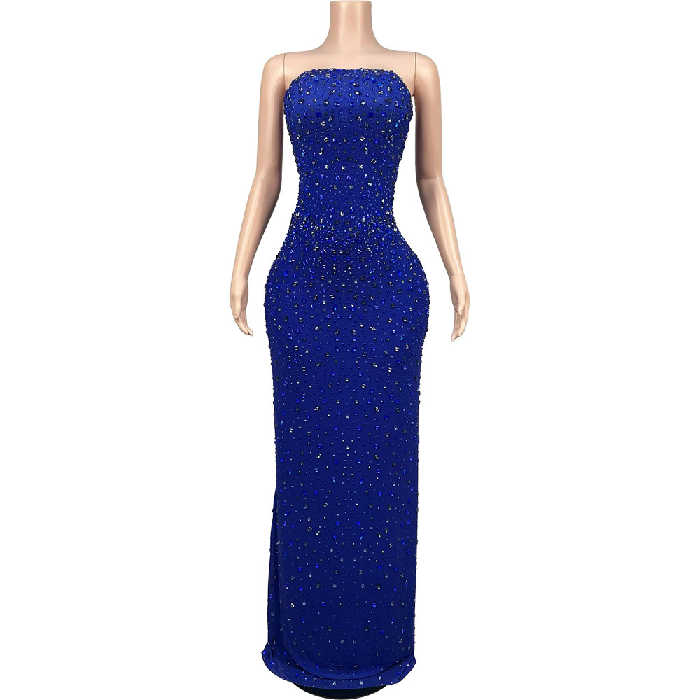 Formal Wear Gowns For Women - Işıltılı Yapay Elmas Mavi Straplez Gece